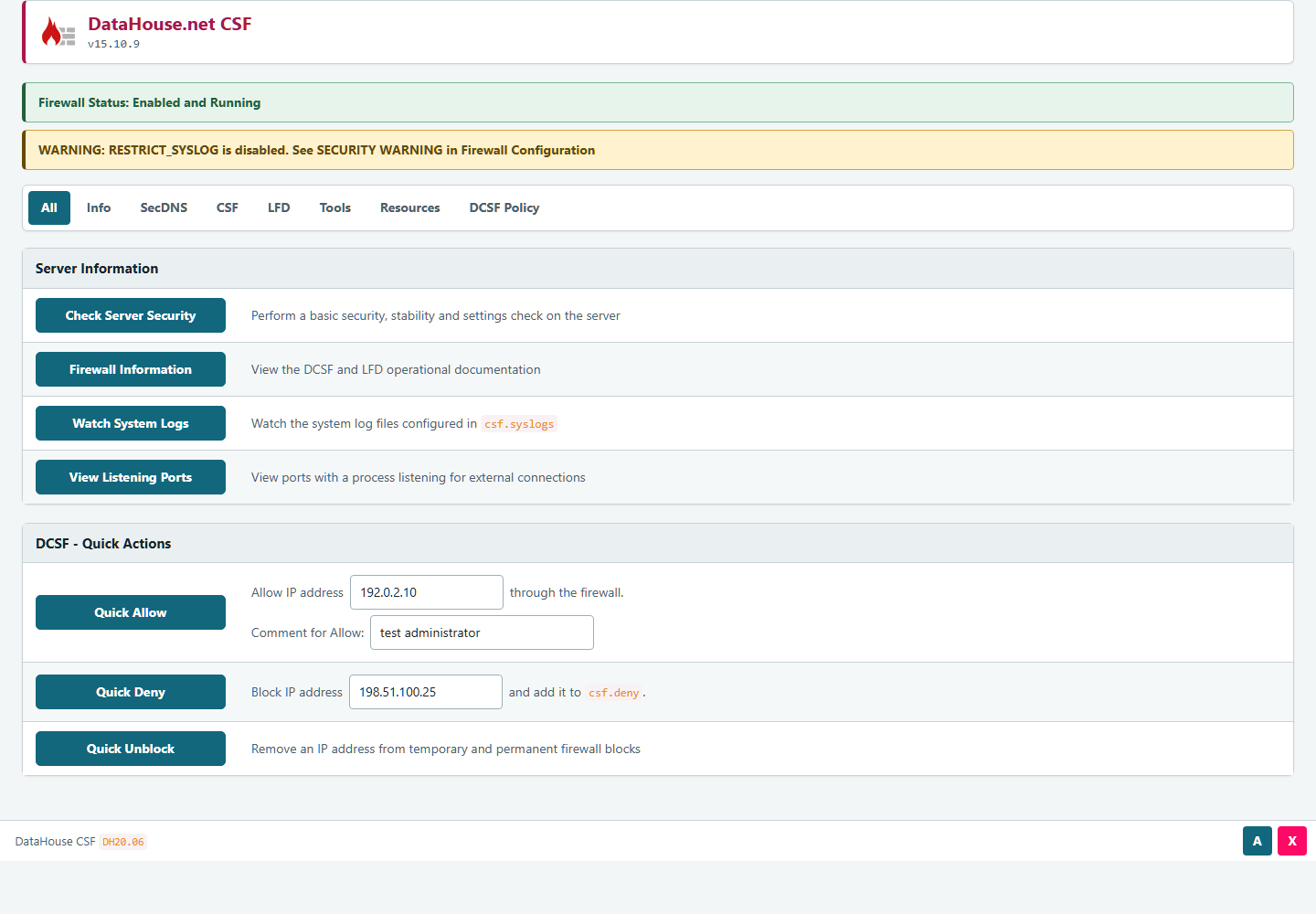Refreshed responsive DCSF DH20.22 firewall administration interface